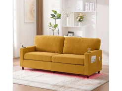 New Merax Sofá moderno de 2 lugares - 203 x 77,5 x 85 cm - com USB-C + LEDs + porta-copos e bolsos laterais - veludo - Amarelo