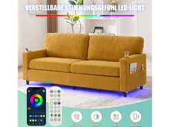 New Merax Sofá moderno de 2 lugares - 203 x 77,5 x 85 cm - com USB-C + LEDs + porta-copos e bolsos laterais - veludo - Amarelo