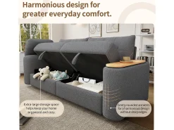Sofá|Merax Sofá moderno de 2 lugares - 207,5 x 80 x 87 cm - com arrumação + apoio de cabeça + mesa lateral integrada - veludo - Cinzento