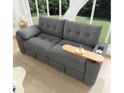 Sofá|Merax Sofá moderno de 2 lugares - 207,5 x 80 x 87 cm - com arrumação + apoio de cabeça + mesa lateral integrada - veludo - Cinzento