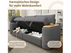 Sofá|Merax Sofá moderno de 2 lugares - 207,5 x 80 x 87 cm - com arrumação + apoio de cabeça + mesa lateral integrada - veludo - Cinzento