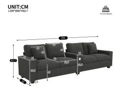 Sofá|Merax Sofá moderno de 4 lugares - 299 x 80 x 82,7 cm - com porta USB, apoio de braço dobrável e espaço de armazenamento oculto - veludo - cinza Cinzento