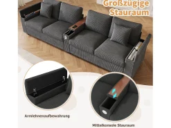 Sofá|Merax Sofá moderno de 4 lugares - 299 x 80 x 82,7 cm - com porta USB, apoio de braço dobrável e espaço de armazenamento oculto - veludo - cinza Cinzento