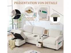 Online Merax Sofá moderno de 3 lugares - 266 x 136 x 82 cm - com 2 porta-copos + porta USB-C + gaveta + pufe removível com espaço de armazenamento - veludo - Bege