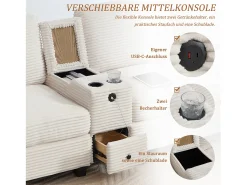 Online Merax Sofá moderno de 3 lugares - 266 x 136 x 82 cm - com 2 porta-copos + porta USB-C + gaveta + pufe removível com espaço de armazenamento - veludo - Bege