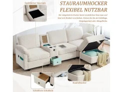 Online Merax Sofá moderno de 3 lugares - 266 x 136 x 82 cm - com 2 porta-copos + porta USB-C + gaveta + pufe removível com espaço de armazenamento - veludo - Bege