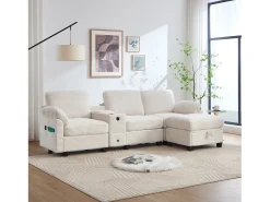 Online Merax Sofá moderno de 3 lugares - 266 x 136 x 82 cm - com 2 porta-copos + porta USB-C + gaveta + pufe removível com espaço de armazenamento - veludo - Bege