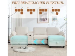 Online Merax Sofá moderno de 3 lugares - 266 x 136 x 82 cm - com 2 porta-copos + porta USB-C + gaveta + pufe removível com espaço de armazenamento - veludo - Bege