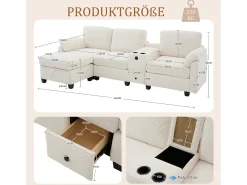 Online Merax Sofá moderno de 3 lugares - 266 x 136 x 82 cm - com 2 porta-copos + porta USB-C + gaveta + pufe removível com espaço de armazenamento - veludo - Bege