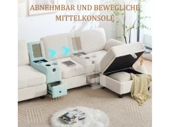 Online Merax Sofá moderno de 3 lugares - 266 x 136 x 82 cm - com 2 porta-copos + porta USB-C + gaveta + pufe removível com espaço de armazenamento - veludo - Bege