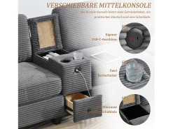 Clearance Merax Sofá moderno de 3 lugares - 266 x 136 x 82 cm - com 2 porta-copos + porta USB-C + gaveta + pufe removível com espaço de armazenamento - veludo - cinza escuro Cinzento