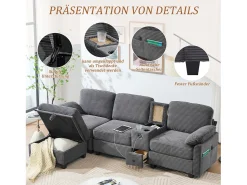 Clearance Merax Sofá moderno de 3 lugares - 266 x 136 x 82 cm - com 2 porta-copos + porta USB-C + gaveta + pufe removível com espaço de armazenamento - veludo - cinza escuro Cinzento