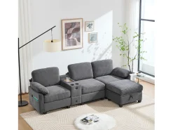 Clearance Merax Sofá moderno de 3 lugares - 266 x 136 x 82 cm - com 2 porta-copos + porta USB-C + gaveta + pufe removível com espaço de armazenamento - veludo - cinza escuro Cinzento