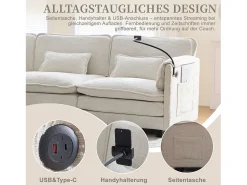 Sofá*Merax Sofá moderno de 3 lugares - 279 x 83 x 85 cm - com porta USB, bolso lateral e apoio para os pés com espaço de armazenamento - veludo - Bege