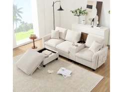 Sofá*Merax Sofá moderno de 4 lugares com apoio para os pés com espaço de armazenamento + 2 porta-copos + porta USB - 229 x 149,5 x 83 cm - Veludo - Bege
