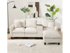 Sofá*Merax Sofá moderno de 4 lugares com apoio para os pés com espaço de armazenamento + 2 porta-copos + porta USB - 229 x 149,5 x 83 cm - Veludo - Bege