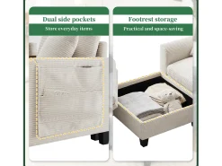 Sofá*Merax Sofá moderno de 4 lugares com apoio para os pés com espaço de armazenamento + 2 porta-copos + porta USB - 229 x 149,5 x 83 cm - Veludo - Bege