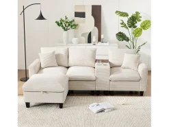 Sofá*Merax Sofá moderno de 4 lugares com apoio para os pés com espaço de armazenamento + 2 porta-copos + porta USB - 229 x 149,5 x 83 cm - Veludo - Bege