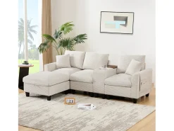 Sofá*Merax Sofá moderno de 4 lugares com apoio para os pés com espaço de armazenamento + 2 porta-copos + porta USB - 229 x 149,5 x 83 cm - Veludo - Bege