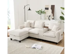 Sofá*Merax Sofá moderno de 4 lugares com apoio para os pés com espaço de armazenamento + 2 porta-copos + porta USB - 229 x 149,5 x 83 cm - Veludo - Bege