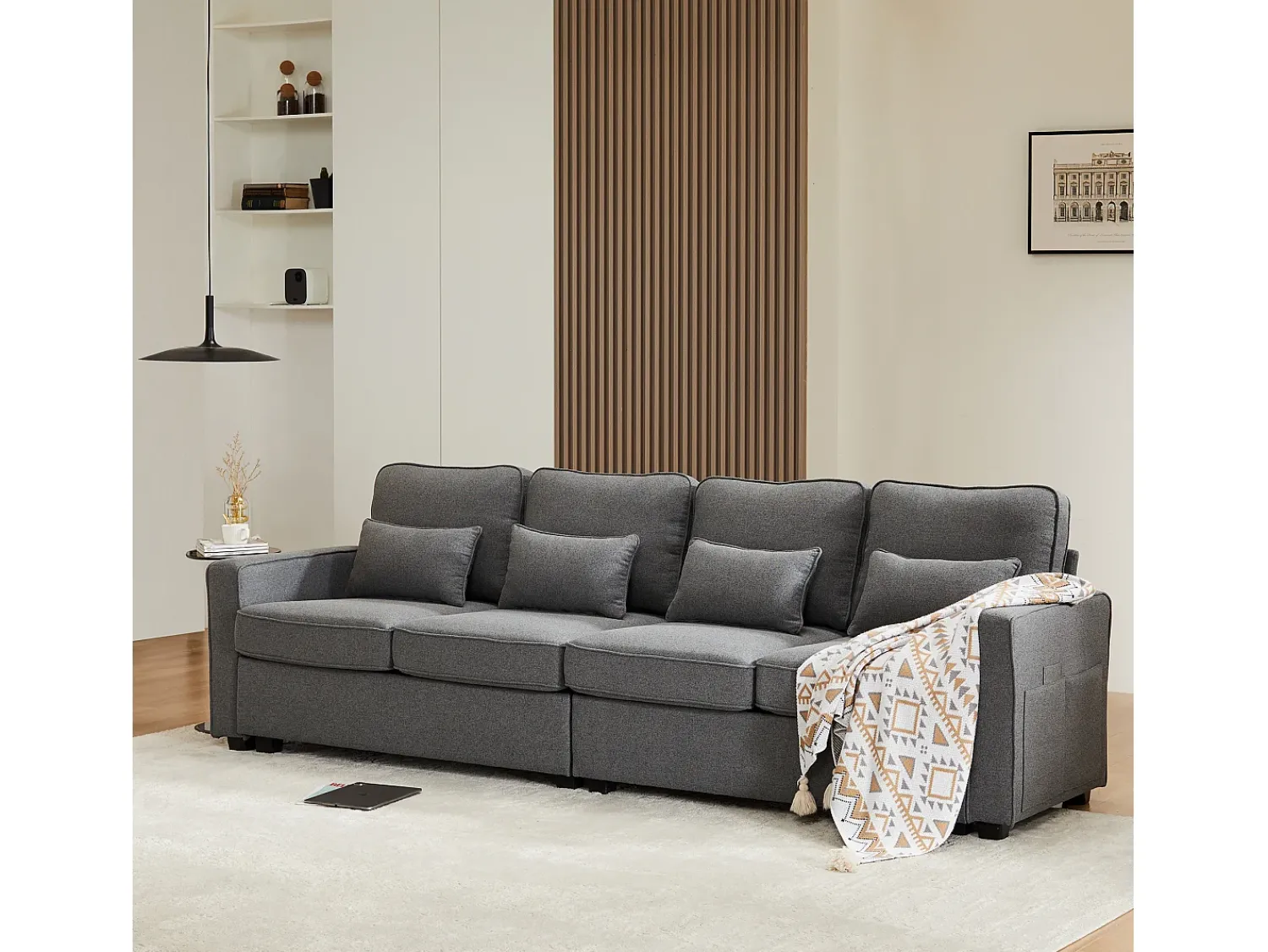 Sofá*Merax Sofá moderno de 4 lugares com 4 almofadas - 264 x 83 x 87 cm - Tecido de linho - Cinza escuro Cinzento