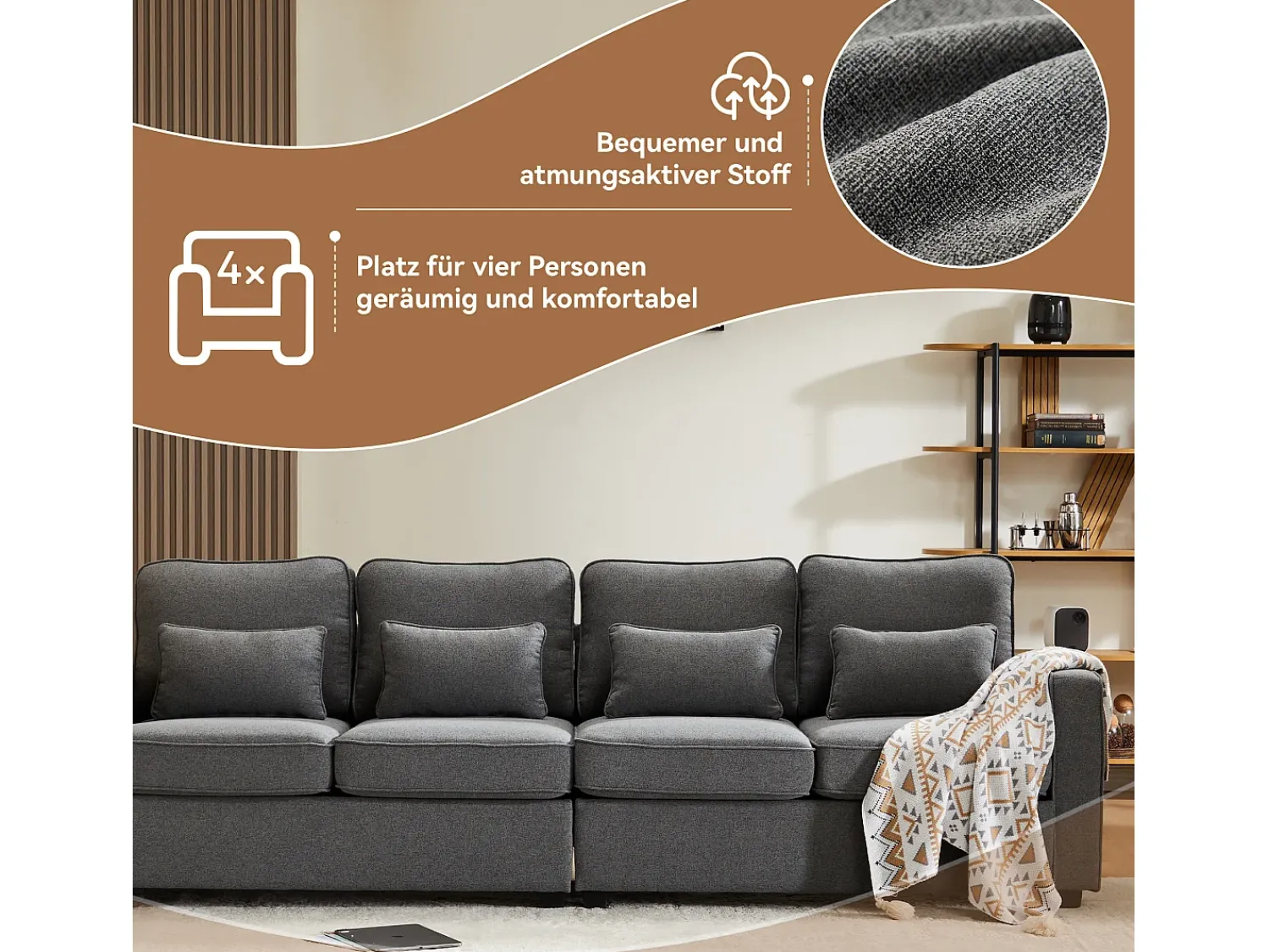 Sofá*Merax Sofá moderno de 4 lugares com 4 almofadas - 264 x 83 x 87 cm - Tecido de linho - Cinza escuro Cinzento
