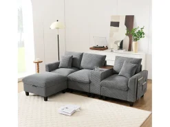 Sofá*Merax Sofá moderno de 4 lugares com apoio para os pés com espaço de armazenamento + 2 porta-copos + porta USB - 229 x 149,5 x 83 cm - Veludo - cinza Cinzento