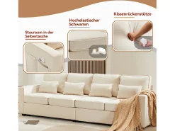 Hot Merax Sofá moderno de 4 lugares com 4 almofadas - 264 x 83 x 87 cm - Tecido de linho - Bege
