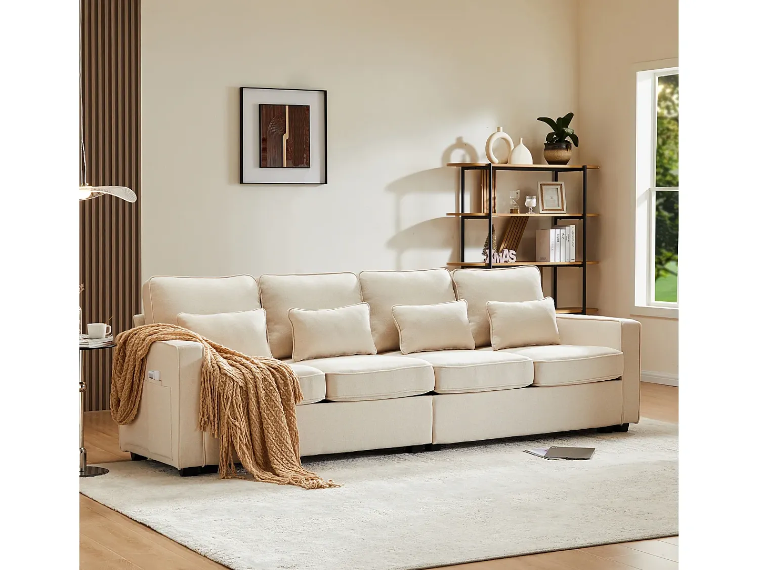 Hot Merax Sofá moderno de 4 lugares com 4 almofadas - 264 x 83 x 87 cm - Tecido de linho - Bege