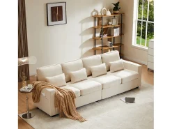 Hot Merax Sofá moderno de 4 lugares com 4 almofadas - 264 x 83 x 87 cm - Tecido de linho - Bege