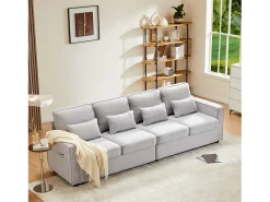 Merax Sofá moderno de 4 lugares com 4 almofadas - 264 x 83 x 87 cm - Tecido de linho - Cinza^ Sofá