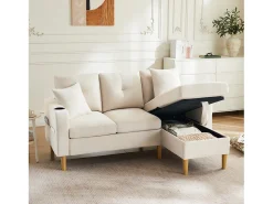 Sofá*ModernLuxe Sofá moderno de 3 lugares em L - com 2 porta-copos - 2 almofadas - com armazenamento - Bege