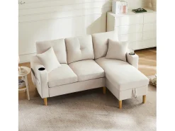 Sofá*ModernLuxe Sofá moderno de 3 lugares em L - com 2 porta-copos - 2 almofadas - com armazenamento - Bege