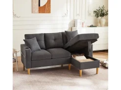 ModernLuxe Sofá moderno de 3 lugares em L - com 2 porta-copos - 2 almofadas - com armazenamento - cinza escuro^ Sofá