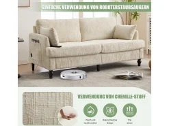 Sofá| Sofá moderno de 2 lugares em chenille com pés de madeira, LED e USB. Bege