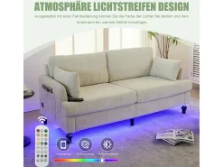 Sofá| Sofá moderno de 2 lugares em chenille com pés de madeira, LED e USB. Bege