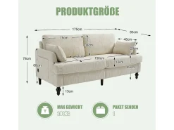 Sofá| Sofá moderno de 2 lugares em chenille com pés de madeira, LED e USB. Bege