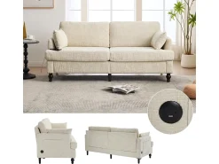 Sofá| Sofá moderno de 2 lugares em chenille com pés de madeira, LED e USB. Bege