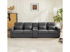 Sale Sofá moderno de linho com 4 lugares, console, porta-copos, entradas USB, espaço para armazenamento e almofadas. Cinzento