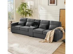 Sale Sofá moderno de linho com 4 lugares, console, porta-copos, entradas USB, espaço para armazenamento e almofadas. Cinzento