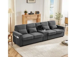 Sale Sofá moderno de linho com 4 lugares, console, porta-copos, entradas USB, espaço para armazenamento e almofadas. Cinzento