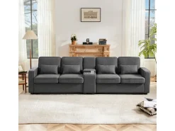 Sale Sofá moderno de linho com 4 lugares, console, porta-copos, entradas USB, espaço para armazenamento e almofadas. Cinzento