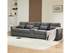 Sale Sofá moderno de linho com 4 lugares, console, porta-copos, entradas USB, espaço para armazenamento e almofadas. Cinzento