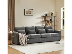 Sofá* Sofá moderno de linho com 4 lugares, bolsos nos braços e 4 almofadas - Estilo simples para sala de estar/escritório (3 cores) Cinzento