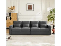 Sofá* Sofá moderno de linho com 4 lugares, bolsos nos braços e 4 almofadas - Estilo simples para sala de estar/escritório (3 cores) Cinzento