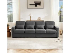 Sofá* Sofá moderno de linho com 4 lugares, bolsos nos braços e 4 almofadas - Estilo simples para sala de estar/escritório (3 cores) Cinzento