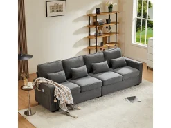 Sofá* Sofá moderno de linho com 4 lugares, bolsos nos braços e 4 almofadas - Estilo simples para sala de estar/escritório (3 cores) Cinzento