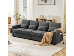 Sofá* Sofá moderno de linho com 4 lugares, bolsos nos braços e 4 almofadas - Estilo simples para sala de estar/escritório (3 cores) Cinzento