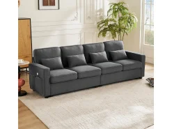 Sofá* Sofá moderno de linho com 4 lugares, bolsos nos braços e 4 almofadas - Estilo simples para sala de estar/escritório (3 cores) Cinzento