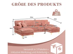 Sofá* Sofá moderno e grande em formato de U, revestido em chenille, com dois assentos reclináveis, . Rosa
